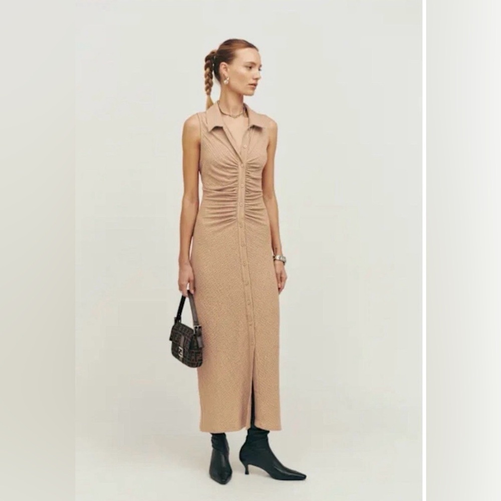 Reformation Cielo Knit Button Front Collared Midi Dress in Tan